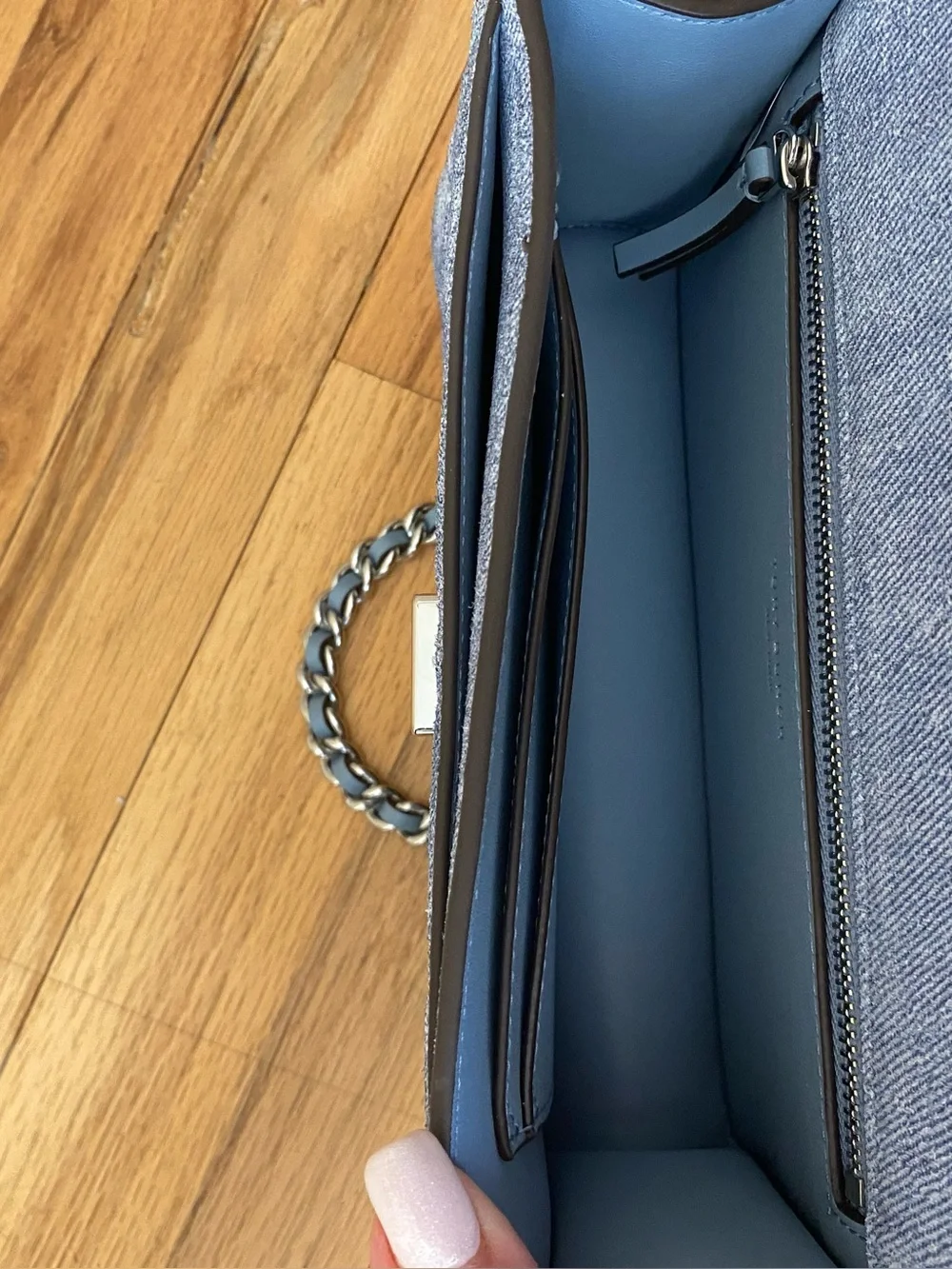 Tory Burch small Fleming shoulder bag. Quilted suede denim. Silver strap
